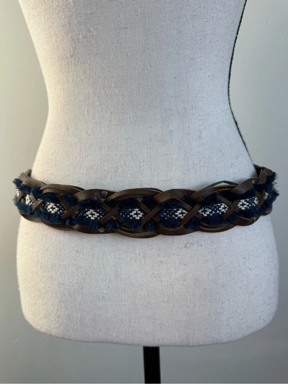 Boho Braided Leather Belt Blue Fringe Woven Western Festival Waist Belt